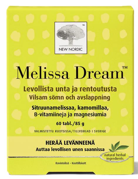Levollista unta ja rentoutusta MELISSA DREAM Melissa Dream kamomilla-yrttivalmiste auttaa rentoutumiseen ja levollisen unen saantiin.