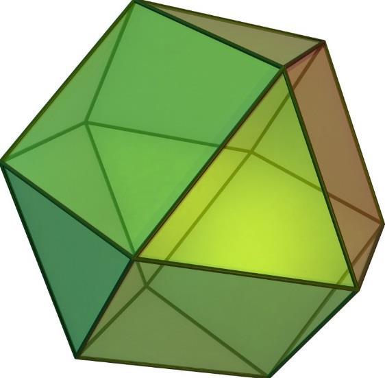 Jokaista neliötä ympäröi 4 kolmiota ja jokaista kolmiota 3 neliötä. Neliöitä on yhteensä 6. Kuinka monta kolmioita on?