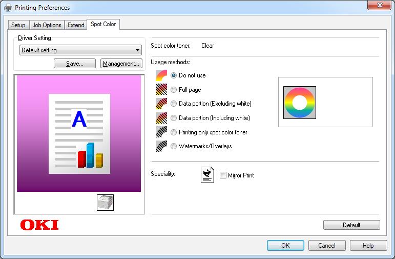 Tulostinajurien toimintojen taulukko Windows PCL-tulostinajurien käyttö Napsauta [Spottiväri (Spot Color)] -tab tuodaksesi esiin ruudun spottiväriaineen asettamiseksi.