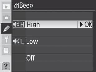 Käyttäjäasetus d1: Beep (Äänimerkki) Säätää sen äänimerkin äänenkorkeutta, joka kuuluu, kun itselaukaisin laskee taaksepäin tai kun kamera tarkentaa kertatarkennustilassa ja käyttäjäasetuksen a2