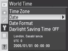 11 12 Valitse Date (Päivämäärä). Jos paikallisella aikavyöhykkeellä on käytössä kesäaika, valitse Daylight Saving Time (Kesäaika) ja paina valintapainiketta oikealle.