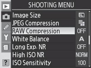 RAW compression (RAW-pakkaus) -valikko NEF (RAW) -kuville on käytettävissä seuraavat vaihtoehdot: Tila NEF (RAW) (oletusasetus) Comp. NEF (RAW) 1 NEF-kuvia ei pakata.