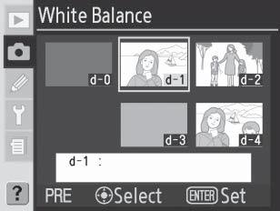 Valkotasapainon esiasetuksen vaihtoehdot Kun White Balance (Valkotasapaino) -valikosta ( 35) valitaan vaihtoehto White Balance Preset (Esiasetus), vaiheessa 1 kuvattu valkotasapainon esiasetusvalikko