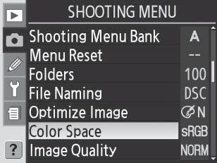 Kameran käyttäminen Color Space (Väriavaruus) 50 Color Space (Väriavaruus) Color Space -valikon vaihtoehdot määrittävät värien toistoon käytettävissä olevan väriasteikon.