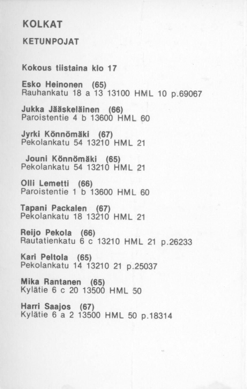 KOLKAT KETUNPOJAT Kokous tlistaina klo 17 Esko Heinonan (65) Rauhankatu 18 a 13 13100 HML 10 p.