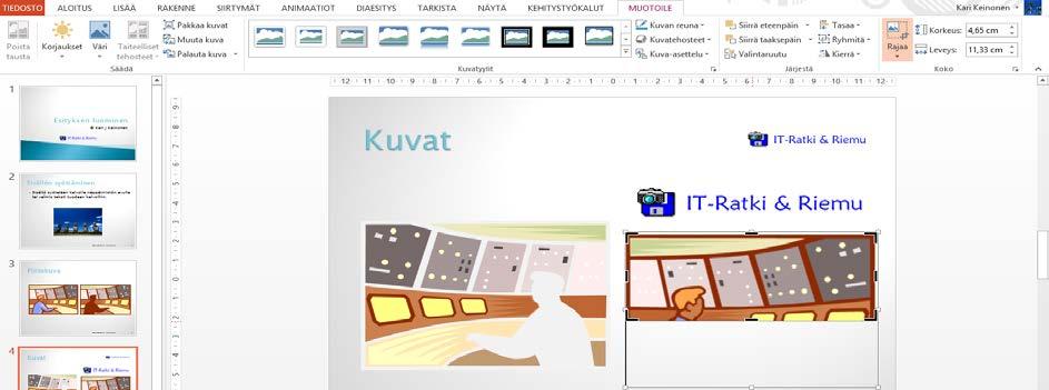 Kuvan rajaaminen Viiva- ja rasterikuvan rajaaminen on usein tarpeellinen toimenpide. Rajaus vastaa kuvan leikkaamista, kuvasta poistetaan näkyvistä osa.