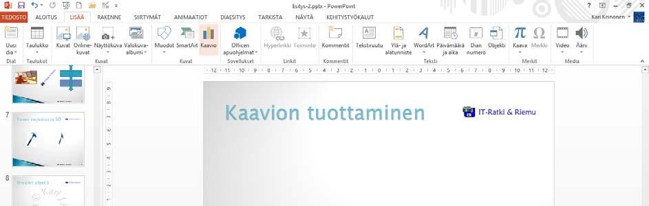 Kaavioiden tuottaminen Harjoitustiedosto: Esitys-2.pptx Tarvitset toisinaan esityksessä myös lukuja kuvaavia kaavioita.