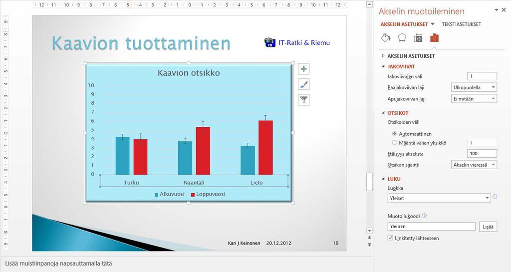 X-akseli Napsauta Kaaviotyökalut (Chart Tools) -ryhmän Muotoile (Format) -välilehden Kaavion osat (Chart Elements) -pudotusvalikosta Vaaka (Luokka) -akseli (Horizontal (Category) Axis) -komentoa.