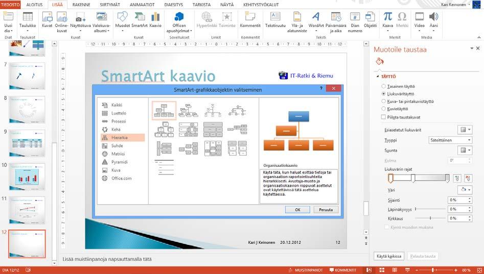 SmartArt-kuvien tuottaminen PowerPoint 2013 tuo mukanaan SmartArt-työkalun. Työkalulla luodaan prosessi-, organisaatio- ja matriisikaavioita.