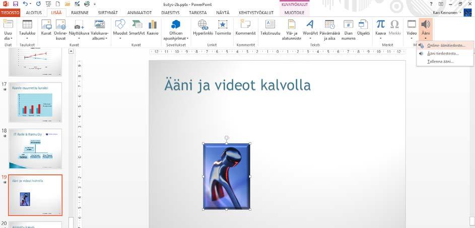 Multimediaelementit Äänet esityksessä Harjoitustiedosto: Esitys-2b.pptx Voit lisätä esitykseesi äänileikkeen Office.com-palvelusta tai musiikkitiedoston levyltäsi.
