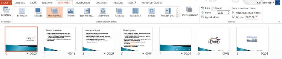 Esityskalvo Dialajittelu-näkymässä Kalvon numero Kuva 165 Kalvo Dialajittelu ( Slide Sorter) - näkymässä Kun olet keskeyttänyt ajastuksen, näet pienkalvon vasemmassa alakulmassa kyseisen kalvon