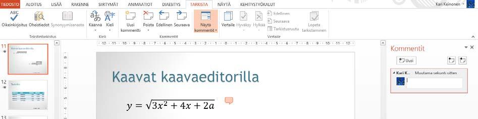 Pitkät esitykset! Yhteenvetodia Kommentti Harjoitustiedosto: Esitys-2b.pptx PowerPoint:lla voit luoda pidempiäkin esityksiä. Pyri pitämään esitykset alle 100 kalvon pituisina.