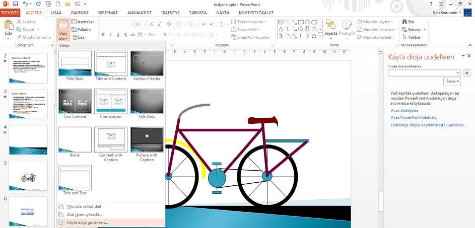 Kahden esityksen yhdistäminen Harjoitustiedosto: Esitys-3.pptx ja Polkupyörä.pptx Voit yhdistää kaksi levylläsi olevaa esitystä yhdeksi.