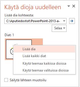 Kuva 171 Käytä dioja uudestaan (Reuse Slides) - tehtäväruutu Napsauta esiin tulevassa toimintopaneelissa Selaa (Browse) -painikkeen pudotusvalikosta Selaa tiedostoa (Browse File) -komentoa.