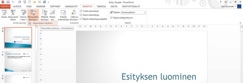 Mukautetut esitykset Harjoitustiedosto: Esitys-2b.pptx Olet luonut vuosien varrella useita kymmeniä esityksiä. Usea uusi esitys voisi perustua osaan vanhemmasta esityksestä.