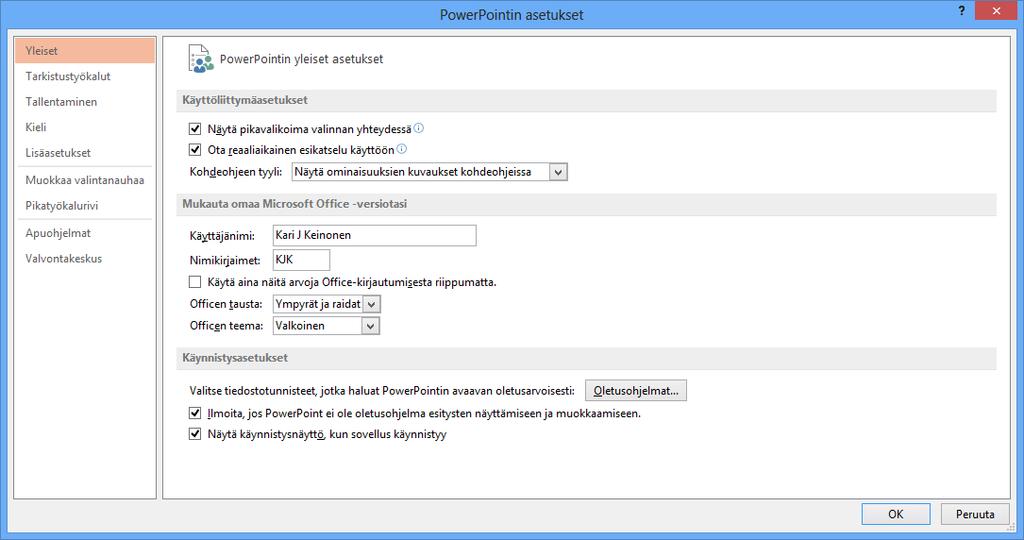 Ohjelman oletusasetusten mukauttaminen Tiedosto (File) -painikkeen napsautuksella esiin tulevasta valikosta voit valita Asetukset (Options) -toiminnon.