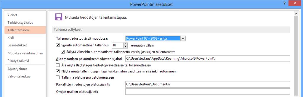 Ohjelman oletustallennusmuodon muuttaminen PowerPoint 2013 -ohjelman oletustallennusmuoto on Office XML -tiedostomuoto.