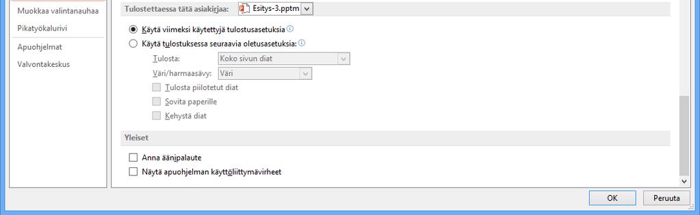 Kuva 208 Lisäasetukset ( Advanced) - välilehti Esitykselle, työn alla olevalle tiedostolle voit tehdä asetuksia kohdissa joissa lukee Esitys-3.pptx.