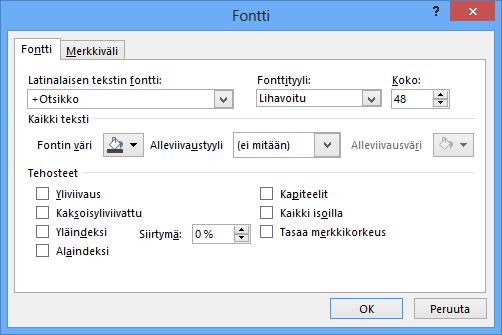 Valintaikkunat Microsoft Office -ohjelmista löytyvät perinteiset Windows-valintaikkunat (Dialog box). Valintaikkunoissa voit tehdä useita yksityiskohtaisempia toimintoja ohjaavia asetuksia.