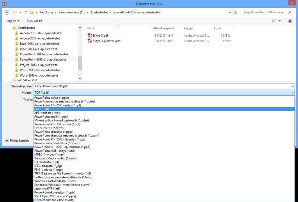 Tallennus RTF- ja PDF-muotoon Harjoitustiedosto: Esitys.pptx Koskaan et tiedä mitä ohjelmia ja niiden versioita esityksesi tilaaja käyttää.
