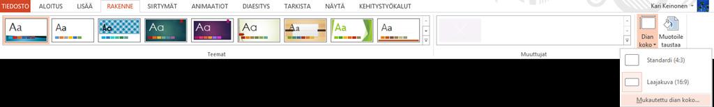 Päivittyvä päivämäärä Dian juokseva sivunumero Alatunnisteen kiinteä teksti Tunnisteita ei näytetä otsikkodiassa Kuva 61 Ylä- ja alatunniste (Header and Footer) - valintaikkuna Siirryt ylä- ja