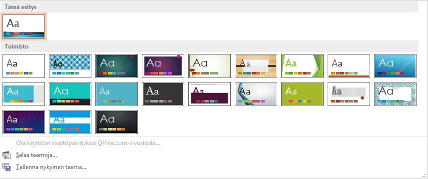 Teemat Teemoja käytät esitysten perusmuotoiluun, ne sisältävät myös diojen perustyylit.