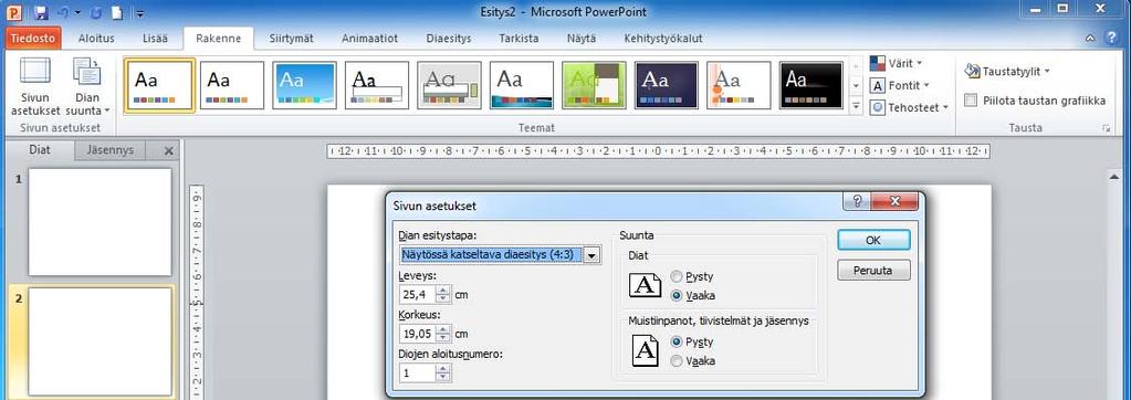 Sivun asetukset -valintaikkuna Valintaikkunaan pääset Rakenne (Design) -välilehden Sivun asetukset (Page Setup) -ryhmän Sivun asetukset (Page Setup) -painikkeella.