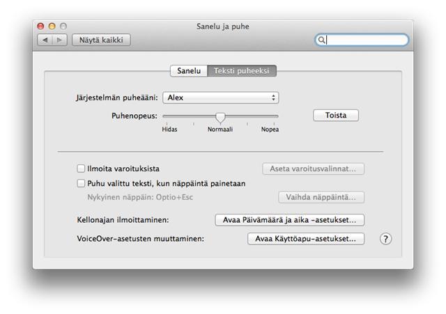 7.5 Äänten lataus Mac OS X 10.7 ja uudemmissa versioissa voidaan ladata puheääniä eri kielille.