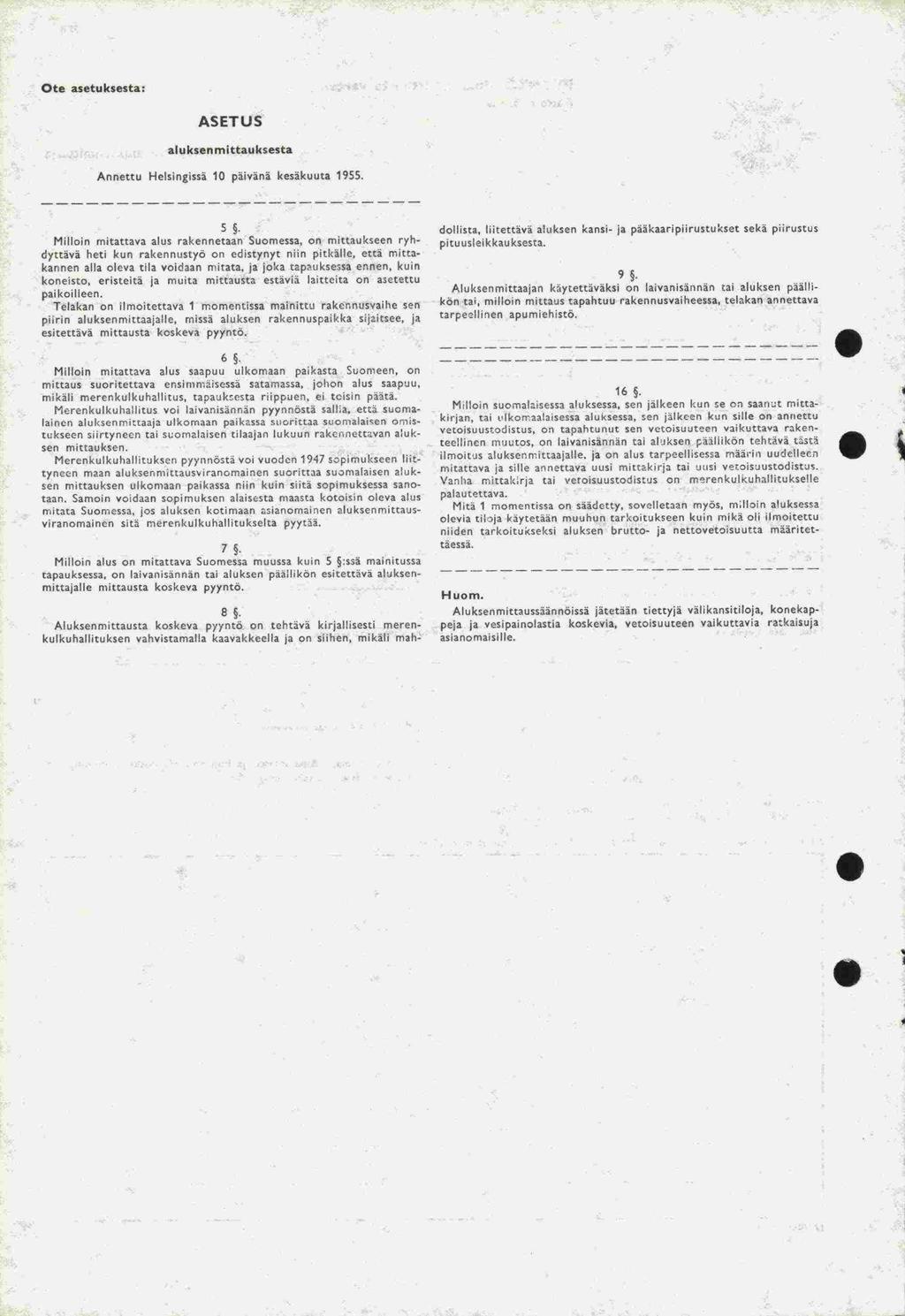 Ote asetuksesta: AETU aluksenmittauksesta 10 päivänä kesäkuuta Annettu Helsingissä 1955. 5.
