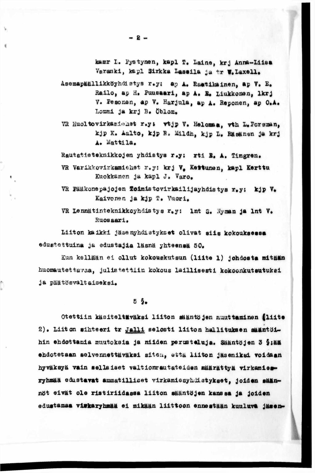 - 8 - kamr 1. Pystynen, k api I. la in a, k rj A nna-liisa Veranki, k api 31rkka L a s s ila a t r».l a x e ll. Asem späällikköyhdi sty s r.y i a? A. R a a tila in e n, ap T. E, R a ilo, ap H.