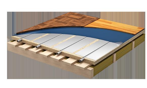 Uritettu lastulevy Lämmönluovutuslevyt + harvalaudoitus Askeläänieristys (parketti- ja Mahdollinen höyrysulku Topway-lämmitysputki 16 x 2 tai 20 x 2 mm Topway-lämmönluovutuslevy Uritettu lastulevy 22