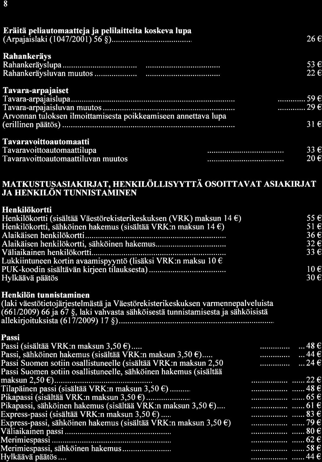 8 E räitä peliauto m a atteja j a pelilaitteita koskeva lupa (Arpajaislaki (147 /21) 56 $)... Rahankeräys Rahankeräyslupa... ild;ëäi;iñ;;'";;ì;; :: ::: ::: : Tavara-arpajaiset T av ara-arpajaislupa.