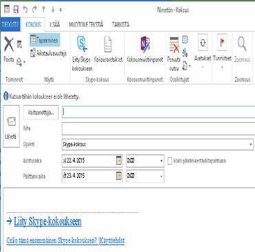 Skype for Business Pikaopas Kokoukset Skype Kokoukset for Business Pikaopas Skype for Business -kokouksen ajoittaminen (Tämä tehdään Outlookissa.).