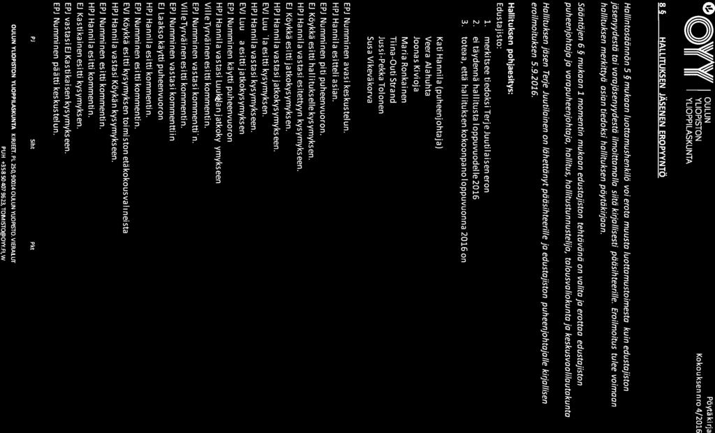 01\V/A\VII OULUNPöytäkirja (Q)J(( J(( YLIOPISTON Kokouksennro4/2016 fl 8 HAUJTUKSEN JÄSENEN EROPYYNTÖ Hallintosäännön 5 mukaan luottamushenkilä voi erota muusta luottamustoimesta kuin edustajiston