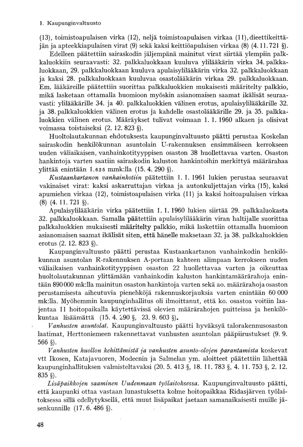 (13), toimistoapulaisen virka (12), neljä toimistoapulaisen virkaa (1 l),dieettikeittäjän ja apteekkiapulaisen virat (9) sekä kaksi keittiöapulaisen virkaa (8) (4.11.721 ).
