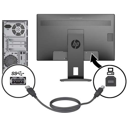 4. Kytke USB-lähtökaapelin B-tyypin liitin näytön takana olevaan USB-lähtöliittimeen ja saman kaapelin A-tyypin liitin lähdelaitteen USB-tuloliittimeen. 5.