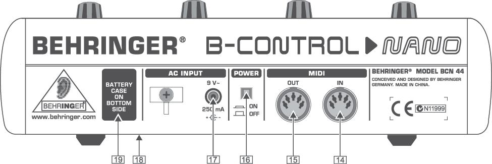 Kuva 2 3: Takapuolen liitännät ja säätimet Nämä ovat B-CONTROLin MIDI-liitännät MIDI IN-liittimieen tulee BCN44:n parametridata MIDI OUT -liittimestä voi lähettää dataa kaikkiin ohjattaviin