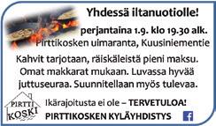 Perhekerho ke 30.8. klo 10 Sarpatissa. Tervetuloa kerhoon! Jokikartanon hartaus to 31.8. klo 13.30. Metsäkirkot su 3.9.: Pohjankylän metsästysmajalla su 3.9. klo 12. Yppärin metsästysmajalla su 3.9. klo 14.