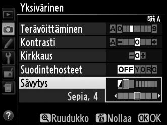 Seuraavat suodintehosteet ovat käytettävissä: Asetus Kuvaus Y Keltainen Lisää kontrastia. Voidaan käyttää taivaan kirkkauden vähentämiseen O Oranssi maisemakuvissa.