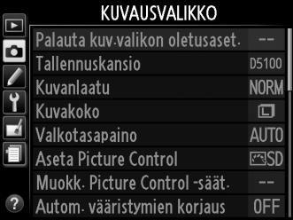 C Kuvausvalikko: Kuvausasetukset Näytä kuvausvalikko painamalla G-painiketta ja valitsemalla C (kuvausvalikon) - välilehti.