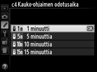 c4: Kauko-ohjaimen odotusaika G-painike A Mukautettujen asetusten valikko Valitse, miten pitkään kamera odottaa ennen kuin valittuna oleva kauko-ohjattu kuvanottotapa peruutetaan ja aiemmin valittuna