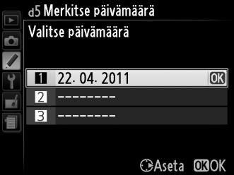 a Päivämäärä Päivämäärä tai päivämäärä ja kellonaika merkitään valokuviin, joiden ottamisen b Päivämäärä ja aika yhteydessä tämä asetus on valittuna.