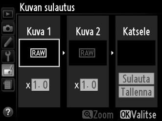 Kuvan sulautus G-painike N muokkausvalikko Kuvan sulautus yhdistää kaksi olemassa olevaa NEF (RAW) kuvaa yhdeksi kuvaksi, joka on tallennettu erilleen alkuperäisistä; tulokset, jotka