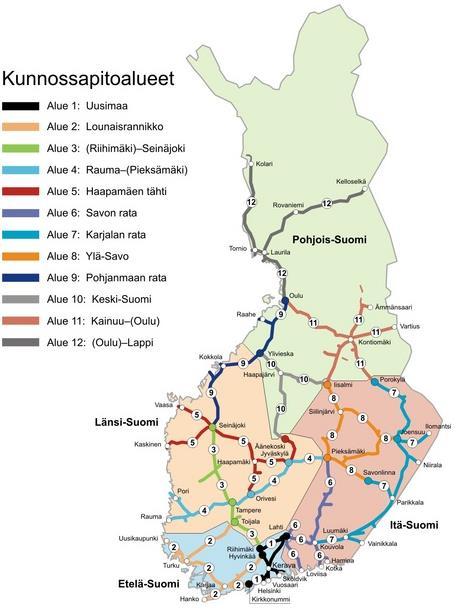 13 3.1 Kunnossapitoalueet Suomen rataverkko on jaettu 12 kunnossapitoalueeseen (kuva 7). Vuonna 2012 niissä oli yhteensä 5481 kpl kunnossapitoon kuuluvia vaihteita /6/.