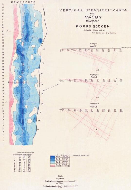kohdalle. Louhosten vieressä on jätekivikasoja (Saarinen ja Sarlin 1900). Lähde: GTK. Figure 1. Map of the Väsby iron ore mine with the results of magnetic measurements.