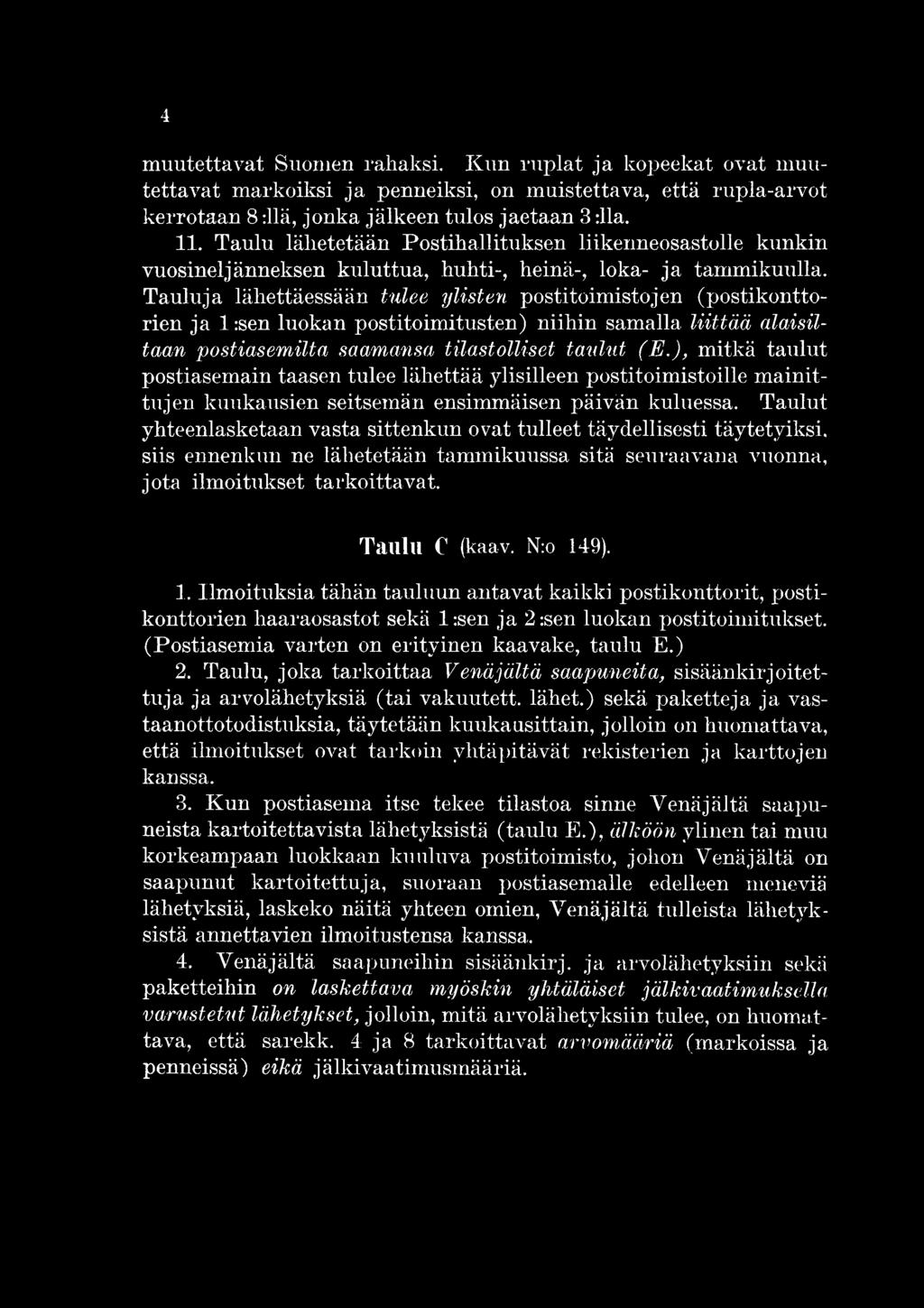 Taulut yhteenlasketaan vasta sittenkun ovat tulleet täydellisesti täytetyiksi, siis ennenkun ne lähetetään tammikuussa sitä seuraavana vuonna, jota ilm oitukset tarkoittavat. Taulu C (kaav. N:o 149).