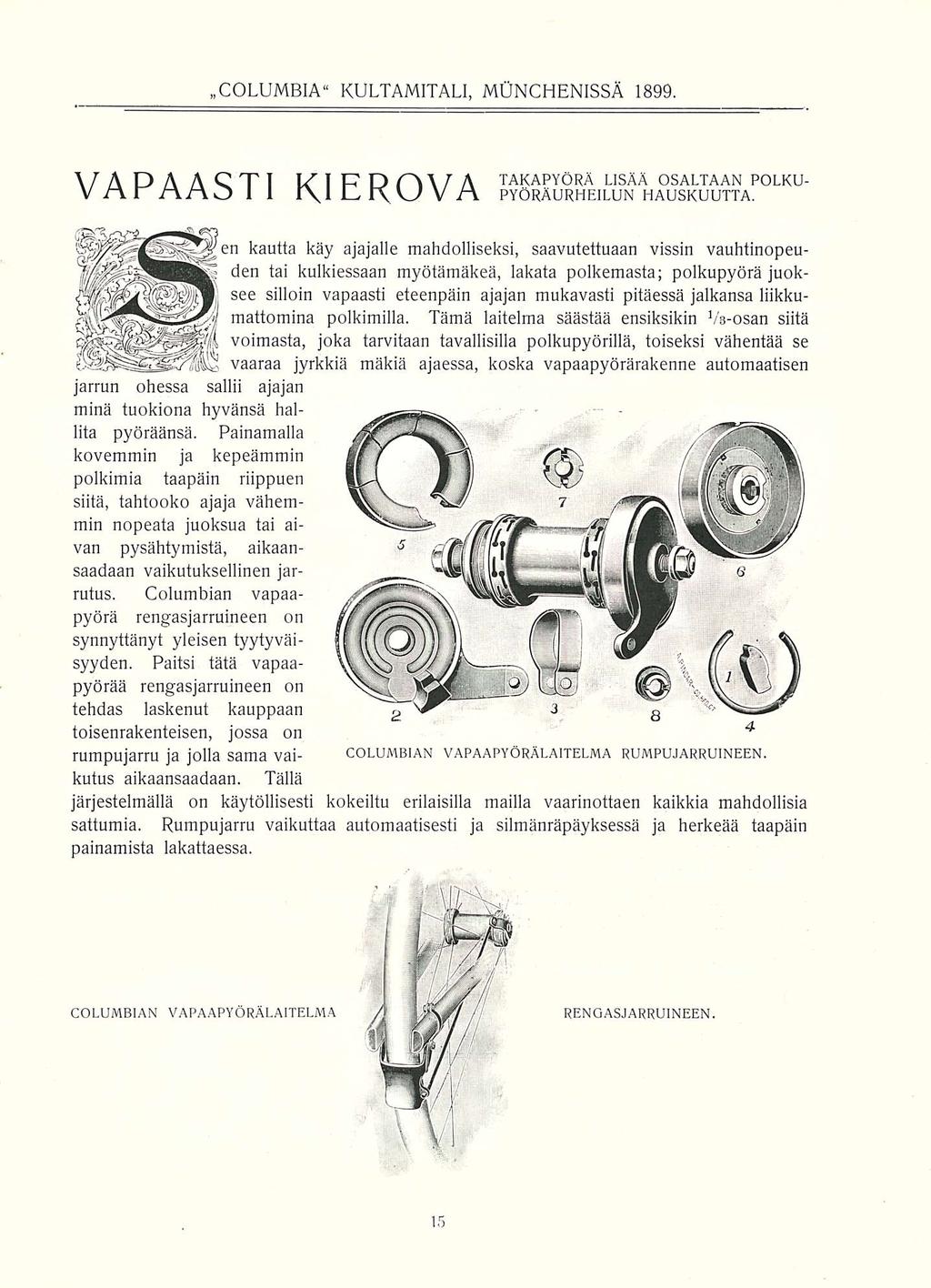 COLUMBIA" KULTAMITALI, MUNCHENISSÄ 1899. takapyörä lisää osaltaan polku- \/APÄ AQTI Vnr rt/ao 1 1 k"lpdf\\/a I\l Lr\U V A pyöräurheilun hauskuutta.