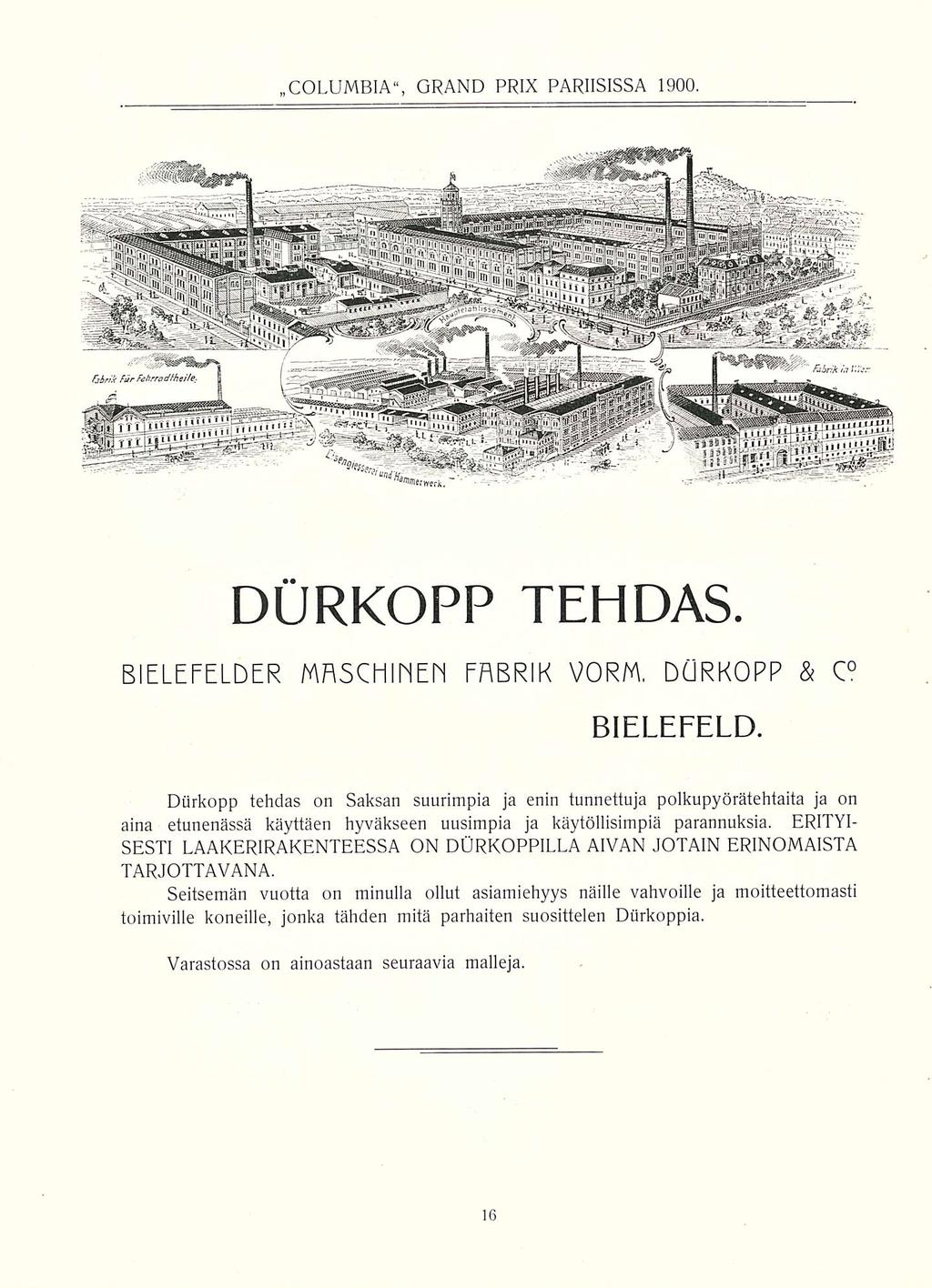 COLUMBIA, GRAND PRIX PARIISISSA 1900. DURKOPP TEHDAS. BIELEFELDER MRSCHIFIEFI FRBRIK VORM, DGRKOPP & C BIELEFELD.