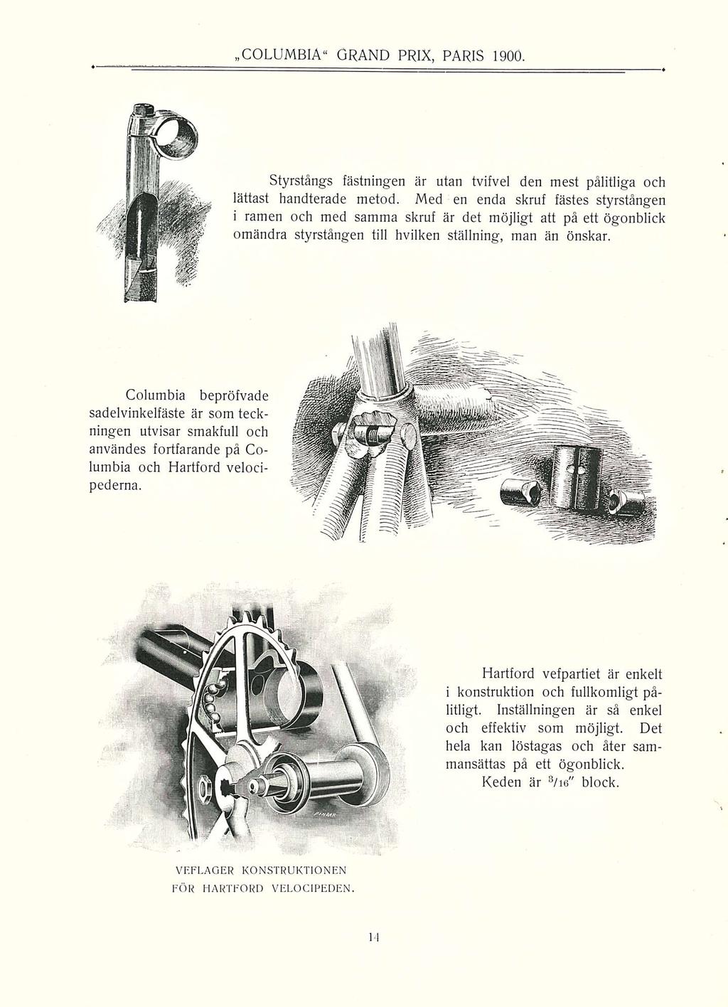 COLUMBIA" GRAND PRIX, PARIS 1900. Styrstångs fästningen är utan tvifvel den mest pålitliga och lättast handterade metod.