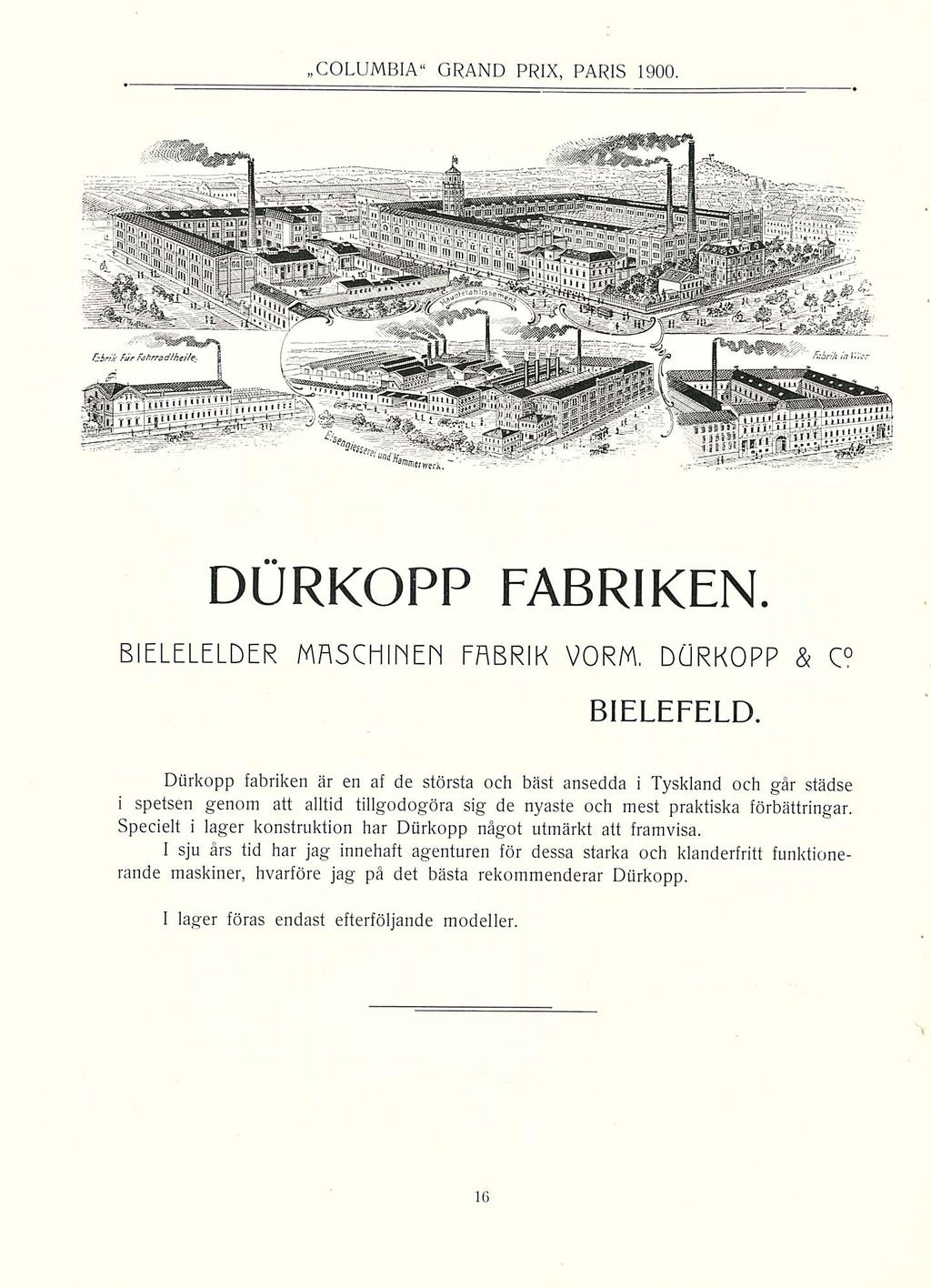 »COLUMBIA 1 ' GRAND PRIX, PARIS 1900. DURKOPP FABRIKEN. BIELELELDER MRSCHIHEh FRBRIK VORM, DÖRKOPP & C BIELEFELD.